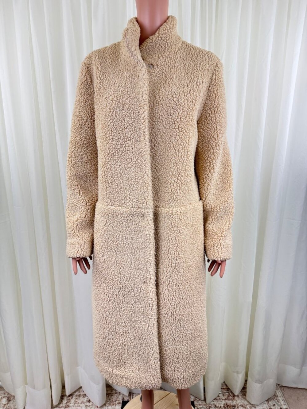 & Other Stories Faux Shearling Teddy Long Lined Coat Jacket Beige US Sz 8 EU 40